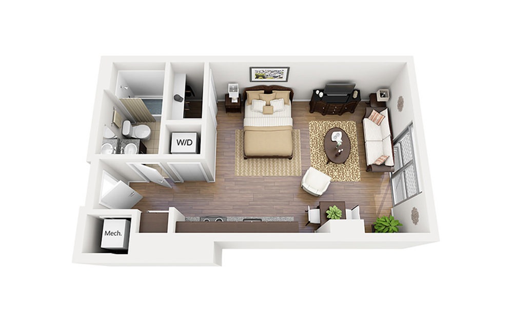 E01 - Studio floorplan layout with 1 bathroom and 475 square feet