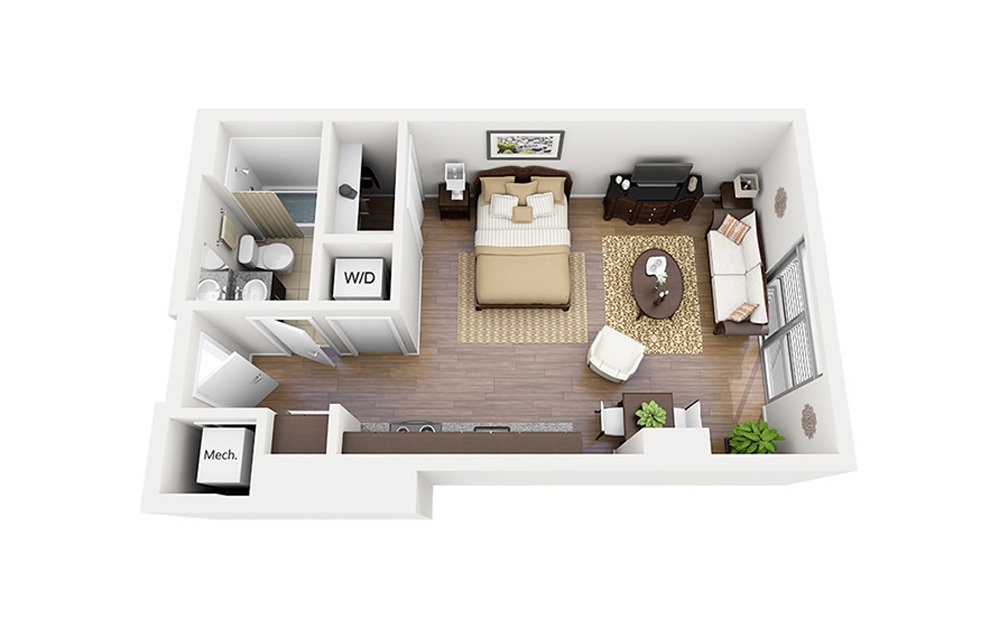 E01 - Studio floorplan layout with 1 bath and 475 square feet.