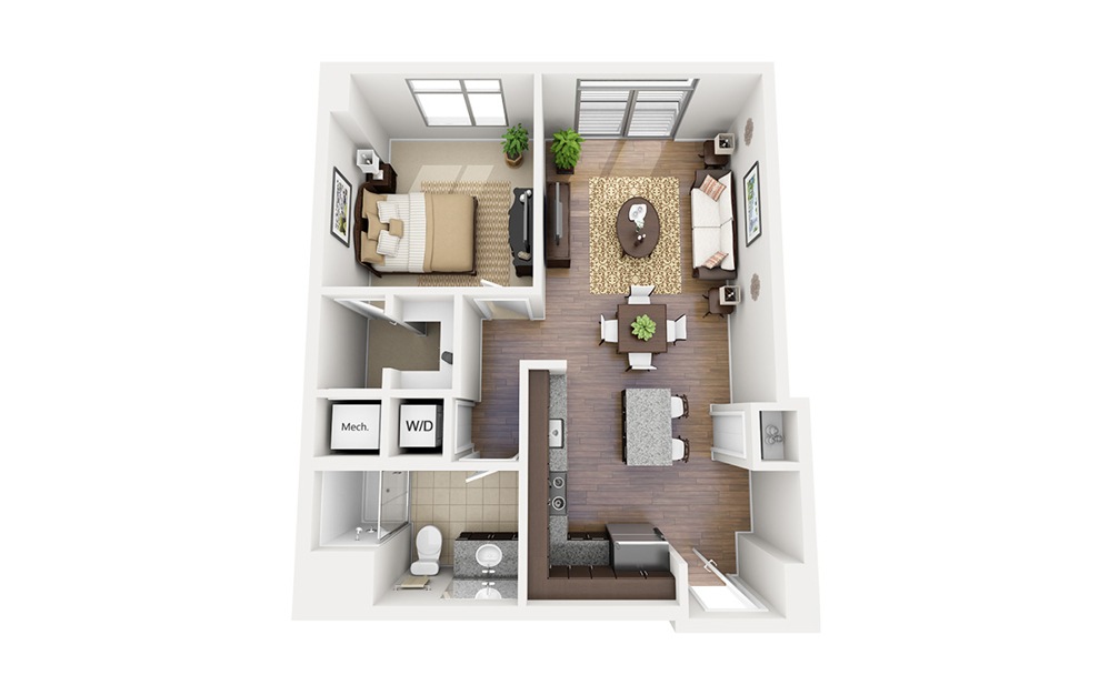 A03 - 1 bedroom floorplan layout with 1 bathroom and 711 square feet