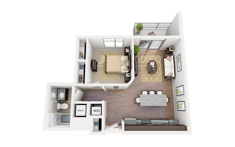 A07 - 1 bedroom floorplan layout with 1 bathroom and 682 square feet