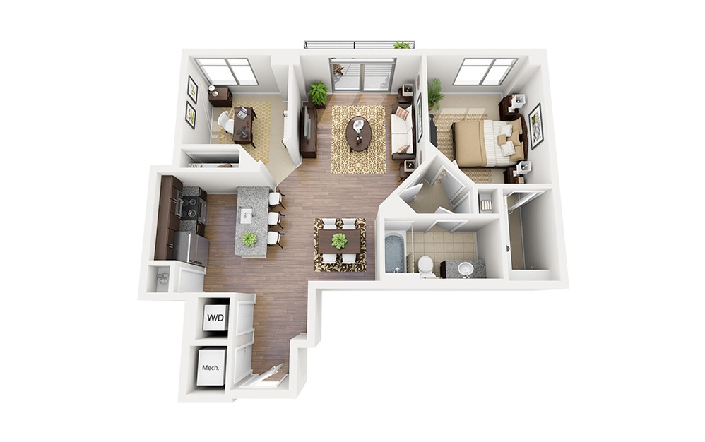 B02 - 1 bedroom floorplan layout with 1 bathroom and 879 square feet