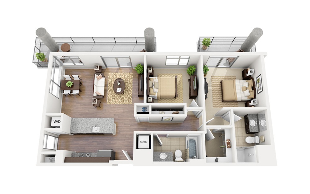 C10 - 2 bedroom floorplan layout with 2 baths and 1075 square feet.