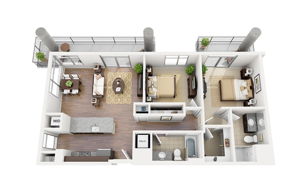 C10 - 2 bedroom floorplan layout with 2 bathrooms and 1075 square feet