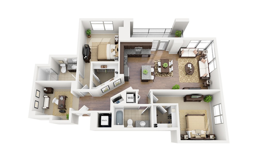 D01 - 2 bedroom floorplan layout with 2 bathrooms and 1295 square feet