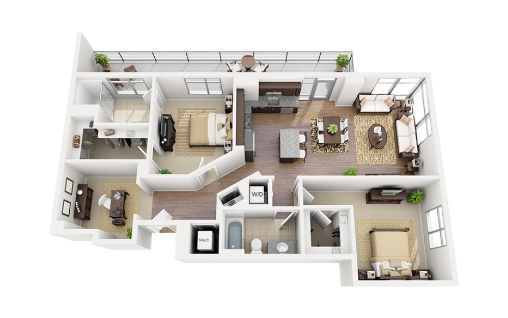 D02 - 2 bedroom floorplan layout with 2 bathrooms and 1272 square feet