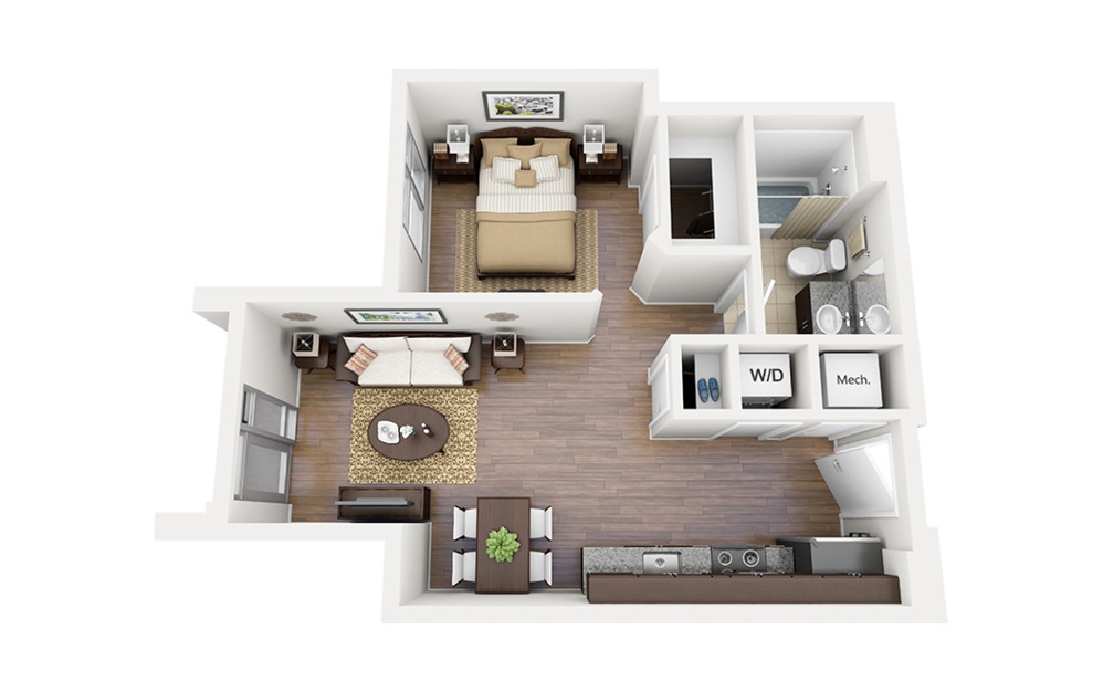 E02 - Studio floorplan layout with 1 bathroom and 540 square feet