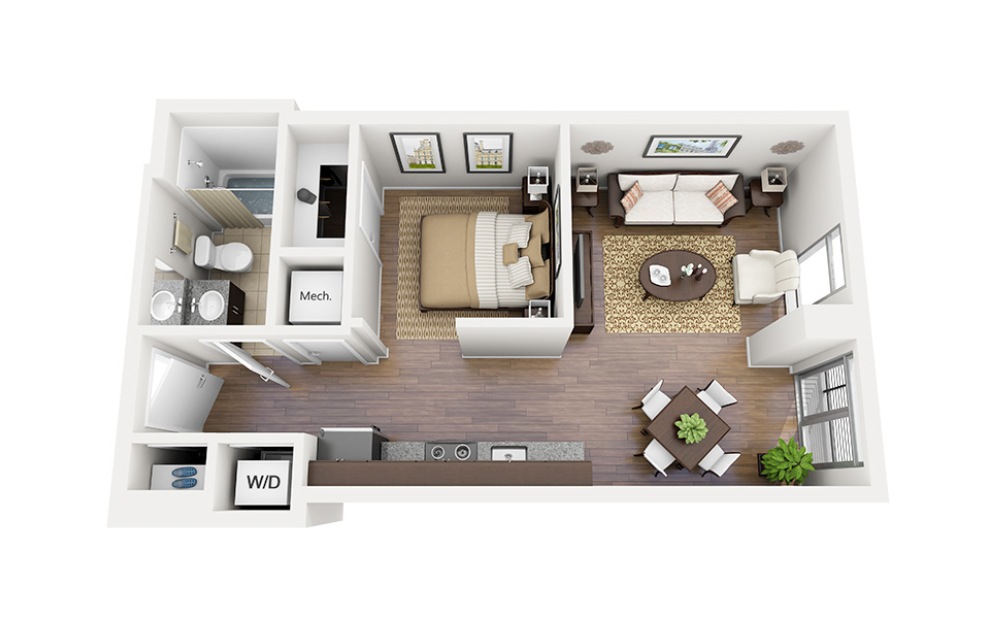 E03 - Studio floorplan layout with 1 bathroom and 557 square feet