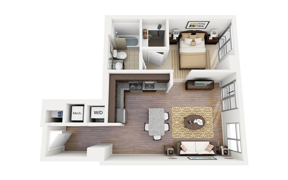 E04 - Studio floorplan layout with 1 bathroom and 620 - 626 square feet